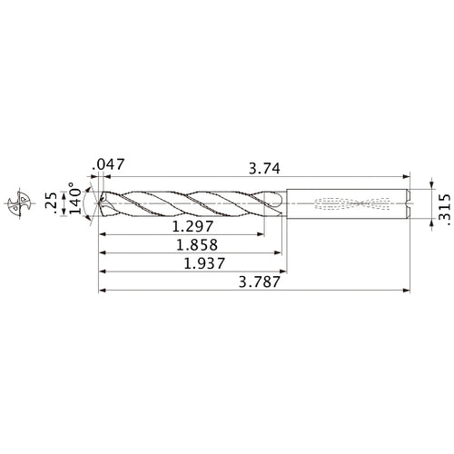 MMS0635X5D080 DP7020 1/4″ Dia. × 0.315″ Shank × 1.858″ Flute Length × 3.787″ OAL, 140°, 2 Flute, Coolant Thru, Solid Carbide Drill