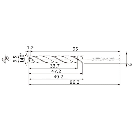 MMS0650X5DB DP7020 6.5 mm Dia. × 8 mm Shank × 47.2 mm Flute Length × 96.2 mm OAL, 140°, 2 Flute, Coolant Thru, Solid Carbide Drill