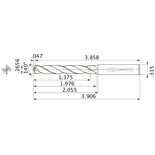 MMS0675X5D080 DP7020 0.2656″ Dia. × 0.315″ Shank × 1.976″ Flute Length × 3.906″ OAL, 140°, 2 Flute, Coolant Thru, Solid Carbide Drill