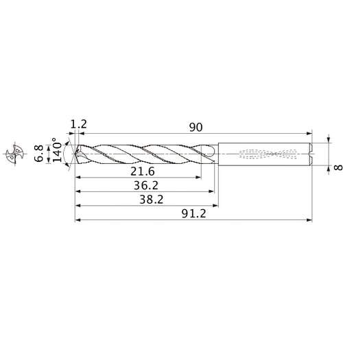 MMS0680X3DB DP7020 6.8 mm Dia. × 8 mm Shank × 36.2 mm Flute Length × 91.2 mm OAL, 140°, 2 Flute, Coolant Thru, Solid Carbide Drill