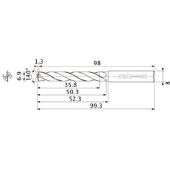 MMS0690X5DB DP7020 6.9 mm Dia. × 8 mm Shank × 50.3 mm Flute Length × 99.3 mm OAL, 140°, 2 Flute, Coolant Thru, Solid Carbide Drill