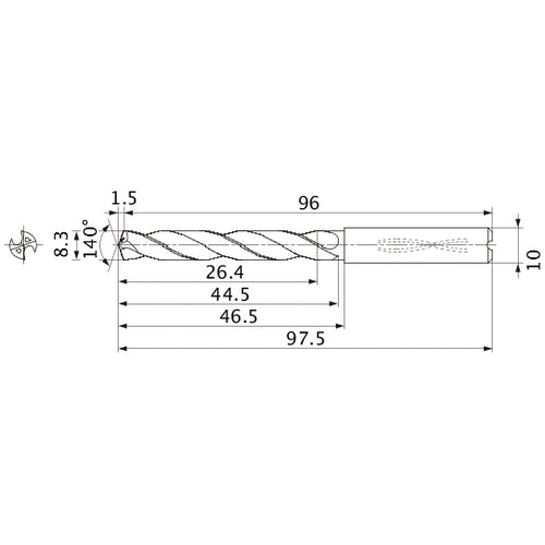 MMS0830X3DB DP7020 8.3 mm Dia. × 10 mm Shank × 44.5 mm Flute Length × 97.5 mm OAL, 140°, 2 Flute, Coolant Thru, Solid Carbide Drill