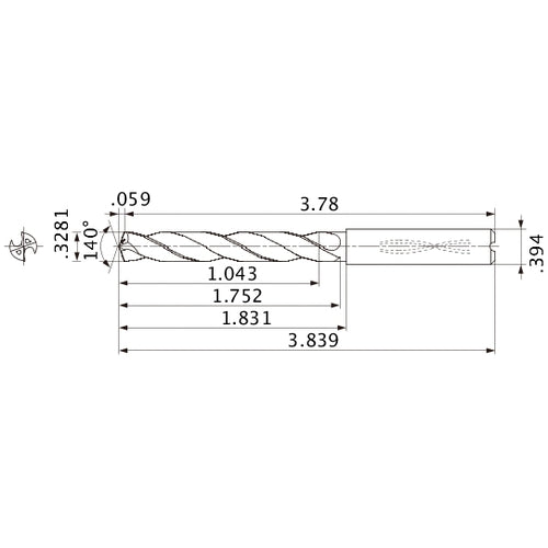 MMS0833X3D100 DP7020 0.3281″ Dia. × 0.394″ Shank × 1.752″ Flute Length × 3.839″ OAL, 140°, 2 Flute, Coolant Thru, Solid Carbide Drill