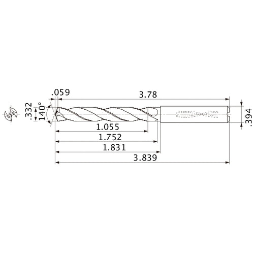 MMS0843X3D100 DP7020 0.332″ Dia. × 0.394″ Shank × 1.752″ Flute Length × 3.839″ OAL, 140°, 2 Flute, Coolant Thru, Solid Carbide Drill