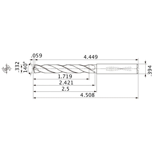 MMS0843X5D100 DP7020 0.332″ Dia. × 0.394″ Shank × 2.421″ Flute Length × 4.508″ OAL, 140°, 2 Flute, Coolant Thru, Solid Carbide Drill