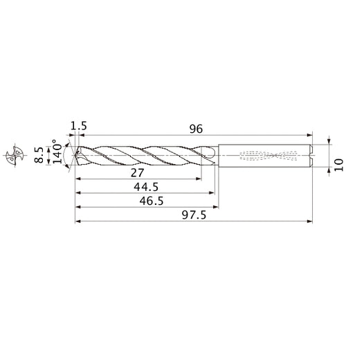MMS0850X3DB DP7020 8.5 mm Dia. × 10 mm Shank × 44.5 mm Flute Length × 97.5 mm OAL, 140°, 2 Flute, Coolant Thru, Solid Carbide Drill