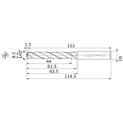 MMS0850X5DB DP7020 8.5 mm Dia. × 10 mm Shank × 61.5 mm Flute Length × 114.5 mm OAL, 140°, 2 Flute, Coolant Thru, Solid Carbide Drill