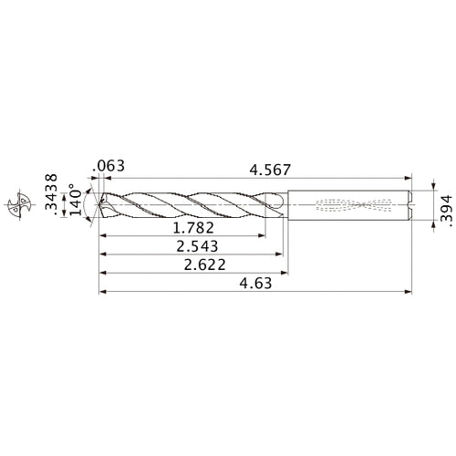MMS0873X5D100 DP7020 0.3438″ Dia. × 0.394″ Shank × 2.543″ Flute Length × 4.63″ OAL, 140°, 2 Flute, Coolant Thru, Solid Carbide Drill