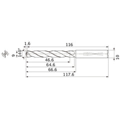 MMS0900X5DB DP7020 9 mm Dia. × 10 mm Shank × 64.6 mm Flute Length × 117.6 mm OAL, 140°, 2 Flute, Coolant Thru, Solid Carbide Drill
