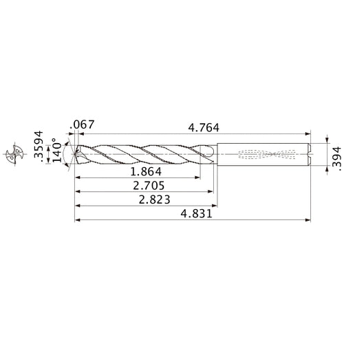 MMS0913X5D100 DP7020 0.3594″ Dia. × 0.394″ Shank × 2.705″ Flute Length × 4.831″ OAL, 140°, 2 Flute, Coolant Thru, Solid Carbide Drill