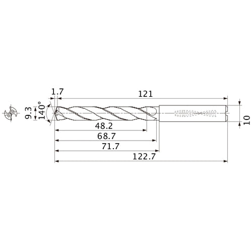 MMS0930X5DB DP7020 9.3 mm Dia. × 10 mm Shank × 68.7 mm Flute Length × 122.7 mm OAL, 140°, 2 Flute, Coolant Thru, Solid Carbide Drill