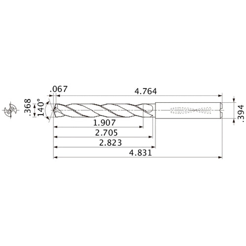 MMS0935X5D100 DP7020 0.368″ Dia. × 0.394″ Shank × 2.705″ Flute Length × 4.831″ OAL, 140°, 2 Flute, Coolant Thru, Solid Carbide Drill