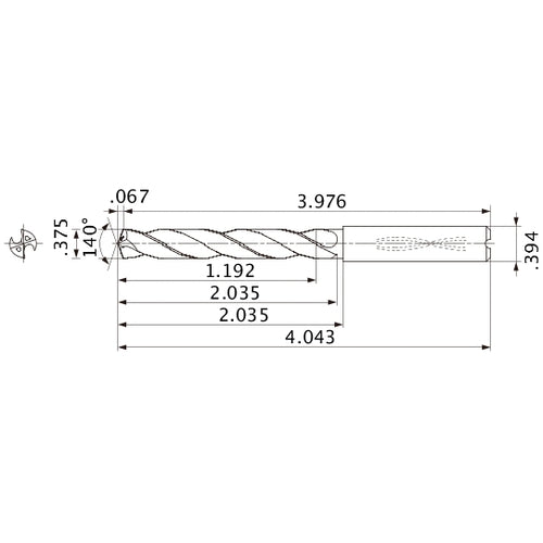 MMS0953X3D100 DP7020 3/8″ Dia. × 0.394″ Shank × 2.035″ Flute Length × 4.043″ OAL, 140°, 2 Flute, Coolant Thru, Solid Carbide Drill