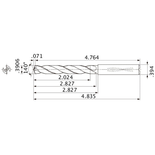 MMS0992X5D100 DP7020 0.3906″ Dia. × 0.394″ Shank × 2.827″ Flute Length × 4.835″ OAL, 140°, 2 Flute, Coolant Thru, Solid Carbide Drill