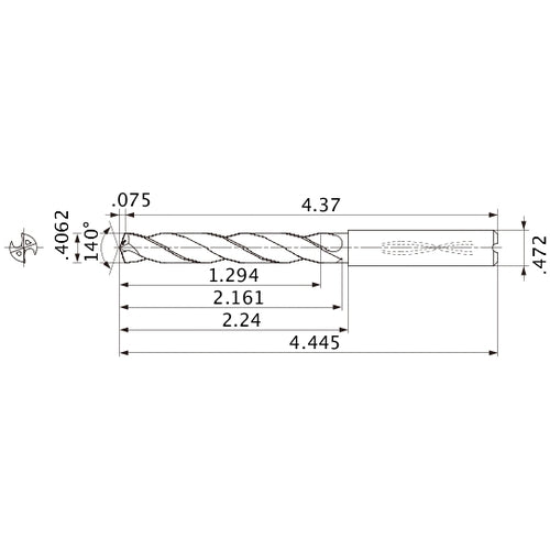 MMS1032X3D120 DP7020 0.4062″ Dia. × 0.472″ Shank × 2.161″ Flute Length × 4.445″ OAL, 140°, 2 Flute, Coolant Thru, Solid Carbide Drill