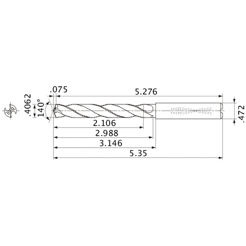 MMS1032X5D120 DP7020 0.4062″ Dia. × 0.472″ Shank × 2.988″ Flute Length × 5.35″ OAL, 140°, 2 Flute, Coolant Thru, Solid Carbide Drill