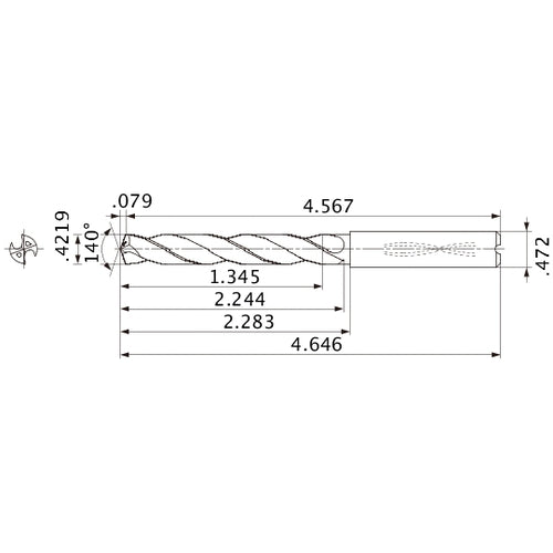 MMS1072X3D120 DP7020 0.4219″ Dia. × 0.472″ Shank × 2.244″ Flute Length × 4.646″ OAL, 140°, 2 Flute, Coolant Thru, Solid Carbide Drill