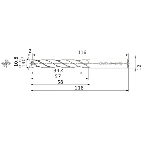 MMS1080X3DB DP7020 10.8 mm Dia. × 12 mm Shank × 57 mm Flute Length × 118 mm OAL, 140°, 2 Flute, Coolant Thru, Solid Carbide Drill