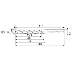 MMS1110X3DB DP7020 11.1 mm Dia. × 12 mm Shank × 60 mm Flute Length × 118 mm OAL, 140°, 2 Flute, Coolant Thru, Solid Carbide Drill