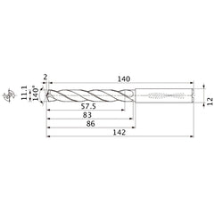 MMS1110X5DB DP7020 11.1 mm Dia. × 12 mm Shank × 83 mm Flute Length × 142 mm OAL, 140°, 2 Flute, Coolant Thru, Solid Carbide Drill