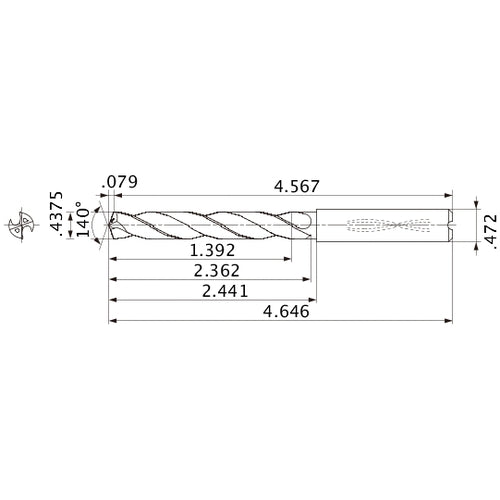 MMS1111X3D120 DP7020 7/16″ Dia. × 0.472″ Shank × 2.362″ Flute Length × 4.646″ OAL, 140°, 2 Flute, Coolant Thru, Solid Carbide Drill