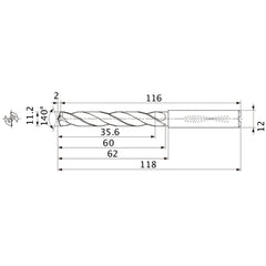 MMS1120X3DB DP7020 11.2 mm Dia. × 12 mm Shank × 60 mm Flute Length × 118 mm OAL, 140°, 2 Flute, Coolant Thru, Solid Carbide Drill