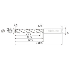 MMS1360X3DB DP7020 13.6 mm Dia. × 14 mm Shank × 72.5 mm Flute Length × 128.5 mm OAL, 140°, 2 Flute, Coolant Thru, Solid Carbide Drill