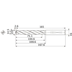 MMS1450X5DB DP7020 14.5 mm Dia. × 16 mm Shank × 104.6 mm Flute Length × 167.6 mm OAL, 140°, 2 Flute, Coolant Thru, Solid Carbide Drill