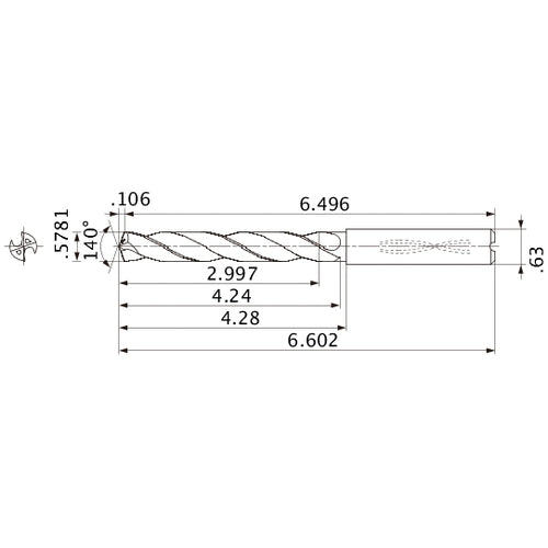 MMS1468X5D160 DP7020 0.5781″ Dia. × 0.63″ Shank × 4.24″ Flute Length × 6.602″ OAL, 140°, 2 Flute, Coolant Thru, Solid Carbide Drill