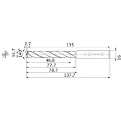 MMS1470X3DB DP7020 14.7 mm Dia. × 16 mm Shank × 77.7 mm Flute Length × 137.7 mm OAL, 140°, 2 Flute, Coolant Thru, Solid Carbide Drill