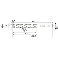 MMS1500X3DB DP7020 15 mm Dia. × 16 mm Shank × 77.7 mm Flute Length × 137.7 mm OAL, 140°, 2 Flute, Coolant Thru, Solid Carbide Drill