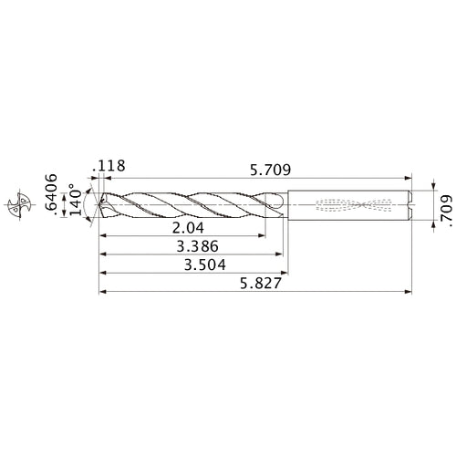 MMS1627X3D180 DP7020 0.6406″ Dia. × 0.709″ Shank × 3.386″ Flute Length × 5.827″ OAL, 140°, 2 Flute, Coolant Thru, Solid Carbide Drill