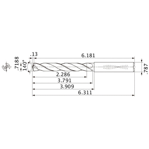 MMS1826X3D200 DP7020 0.7188″ Dia. × 0.787″ Shank × 3.791″ Flute Length × 6.311″ OAL, 140°, 2 Flute, Coolant Thru, Solid Carbide Drill