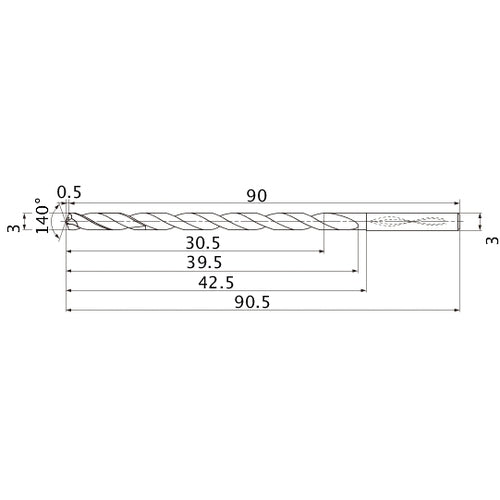 MNS0300X10DB TF15 3 mm Dia. × 3 mm Shank × 39.5 mm Flute Length × 90.5 mm OAL, 140°, 2 Flute, Coolant Thru, Solid Carbide Drill