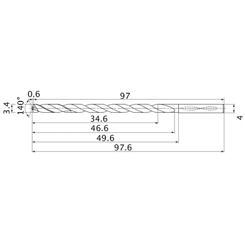 MNS0340X10DB TF15 3.4 mm Dia. × 4 mm Shank × 46.6 mm Flute Length × 97.6 mm OAL, 140°, 2 Flute, Coolant Thru, Solid Carbide Drill