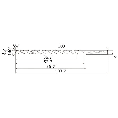 MNS0360X10DB TF15 3.6 mm Dia. × 4 mm Shank × 52.7 mm Flute Length × 103.7 mm OAL, 140°, 2 Flute, Coolant Thru, Solid Carbide Drill