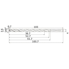 MNS0360X10DB TF15 3.6 mm Dia. × 4 mm Shank × 52.7 mm Flute Length × 103.7 mm OAL, 140°, 2 Flute, Coolant Thru, Solid Carbide Drill