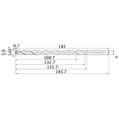 MNS0360X30DB TF15 3.6 mm Dia. × 4 mm Shank × 132.7 mm Flute Length × 183.7 mm OAL, 140°, 2 Flute, Coolant Thru, Solid Carbide Drill