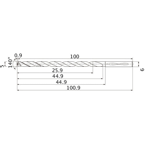MNS0500LB TF15 5 mm Dia. × 6 mm Shank × 44.9 mm Flute Length × 100.9 mm OAL, 140°, 2 Flute, Coolant Thru, Solid Carbide Drill