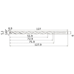 MNS0510X10DB TF15 5.1 mm Dia. × 6 mm Shank × 72.9 mm Flute Length × 127.9 mm OAL, 140°, 2 Flute, Coolant Thru, Solid Carbide Drill