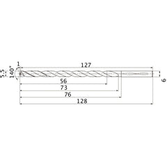 MNS0550X10DB TF15 5.5 mm Dia. × 6 mm Shank × 73 mm Flute Length × 128 mm OAL, 140°, 2 Flute, Coolant Thru, Solid Carbide Drill