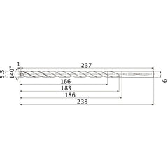 MNS0550X30DB TF15 5.5 mm Dia. × 6 mm Shank × 183 mm Flute Length × 238 mm OAL, 140°, 2 Flute, Coolant Thru, Solid Carbide Drill