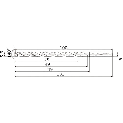 MNS0560LB TF15 5.6 mm Dia. × 6 mm Shank × 49 mm Flute Length × 101 mm OAL, 140°, 2 Flute, Coolant Thru, Solid Carbide Drill