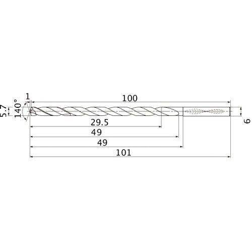 MNS0570LB TF15 5.7 mm Dia. × 6 mm Shank × 49 mm Flute Length × 101 mm OAL, 140°, 2 Flute, Coolant Thru, Solid Carbide Drill