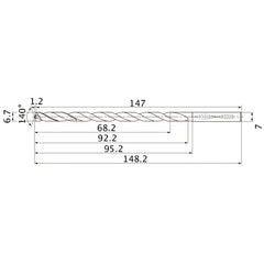 MNS0670X10DB TF15 6.7 mm Dia. × 7 mm Shank × 92.2 mm Flute Length × 148.2 mm OAL, 140°, 2 Flute, Coolant Thru, Solid Carbide Drill