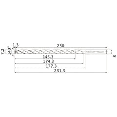 MNS0720X20DB TF15 7.2 mm Dia. × 8 mm Shank × 174.3 mm Flute Length × 231.3 mm OAL, 140°, 2 Flute, Coolant Thru, Solid Carbide Drill
