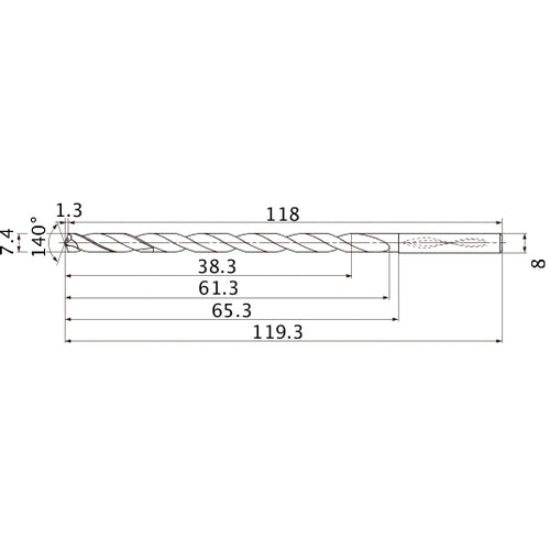 MNS0740LB TF15 7.4 mm Dia. × 8 mm Shank × 61.3 mm Flute Length × 119.3 mm OAL, 140°, 2 Flute, Coolant Thru, Solid Carbide Drill