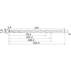 MNS0780X10DB TF15 7.8 mm Dia. × 8 mm Shank × 105.4 mm Flute Length × 162.4 mm OAL, 140°, 2 Flute, Coolant Thru, Solid Carbide Drill
