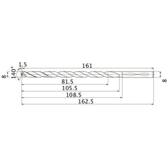 MNS0800X10DB TF15 8 mm Dia. × 8 mm Shank × 105.5 mm Flute Length × 162.5 mm OAL, 140°, 2 Flute, Coolant Thru, Solid Carbide Drill