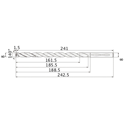MNS0800X20DB TF15 8 mm Dia. × 8 mm Shank × 185.5 mm Flute Length × 242.5 mm OAL, 140°, 2 Flute, Coolant Thru, Solid Carbide Drill